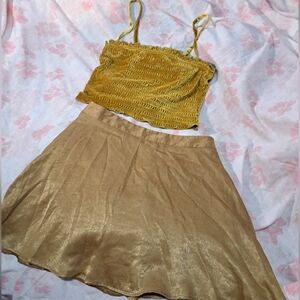 Velvet Ruffled Cropped Top and Golden Brown Silky Satin Mini Skirt Bundle.